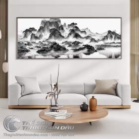 Tranh Thủy Mặc Dãy Núi Đá Nhấp Nhô Vẽ Đen Trắng