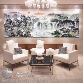 Tranh Thủy Mặc Mặt Trời Đỏ Ẩn Hiện Sau Dãy Núi