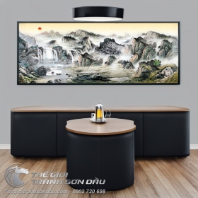 Tranh Thủy Mạc Núi Thác Trong Hoàng Hôn