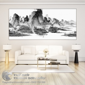 Tranh Thủy Mặc Sông Núi Yên Bình Vẽ Đen Trắng