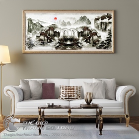 Tranh Thủy Mặc Thác Bạc Núi Đá Đối Xứng Đẹp
