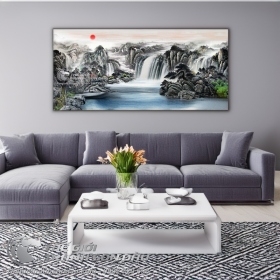 Tranh Thủy Mặc Thác Nước Đổ Mạnh Xuống Dòng Sông