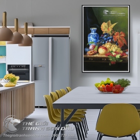 Tranh Tĩnh Vật Bình Hoa và Trái Cây