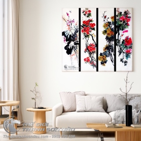 Tranh Tứ Quý Đào Cúc Sen Trúc Đào Mèo Chim