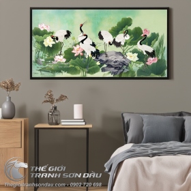 Tranh Vẽ Ba Đôi Chim Hạc Bên Đầm Sen Vàng, Trắng