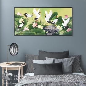 Tranh Vẽ Ba Đôi Chim Hạc Bên Đầm Sen