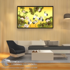 Tranh Vẽ Ba Đôi Chim Hạc Trên Tone Màu Vàng