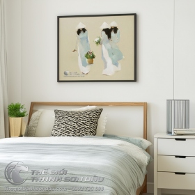 Tranh Vẽ Ba Thiếu Nữ Áo Dài Xanh Cùng Với Lẵng Hoa