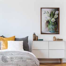 Tranh Vẽ Bằng Sơn Dầu Bình Hoa Tulip Trắng Tinh Khôi