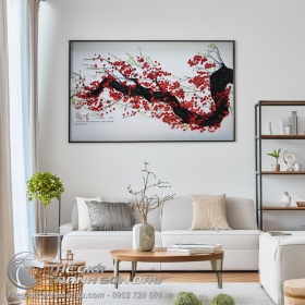Tranh Vẽ Bay Dày Màu Hoa Đào Đỏ Nền Trắng