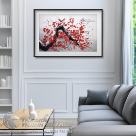 Tranh Vẽ Bay Dày Màu Hoa Đào Đỏ Nền Xám