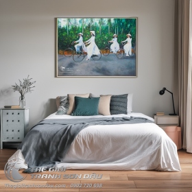 Tranh Vẽ Bốn Thiếu Nữ Áo Dài Trắng Đang Đi Xe Đạp