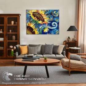 Tranh Vẽ Bông Hoa Hướng Dương Nền Xanh Ấn Tượng