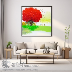 Tranh Vẽ Cây Cổ Thụ Lá Đỏ Hoa Trắng