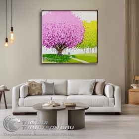 Tranh Vẽ Cây Cổ Thụ Lá Hồng Và Cây Non Xanh