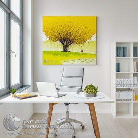 Tranh Vẽ Cây Cổ Thụ Lá Vàng Và Ao Sen