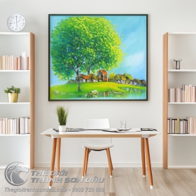 Tranh Vẽ Cây Lá Xanh Có Dãy Nhà Nhỏ