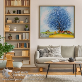 Tranh Vẽ Cây Lá Xanh Dương Ngôi Nhà Và Đống Rơm