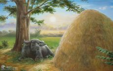 Tranh Vẽ Chú Trâu Thư Thả Bên Đống Rơm