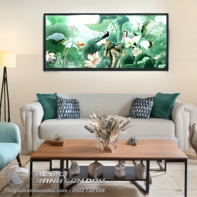 Tranh Vẽ Đàn Chim Hạc Bên Ao Sen Lá Xanh Mướt