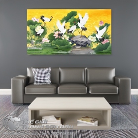 Tranh Vẽ Đàn Chim Hạc Bên Ao Sen Rực Rỡ Sắc Màu