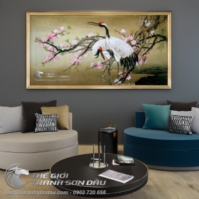 Tranh Vẽ Đôi Chim Hạc Bên Cành Đào
