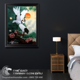 Tranh Vẽ Đôi Chim Hạc Bên Mặt Trời Đỏ