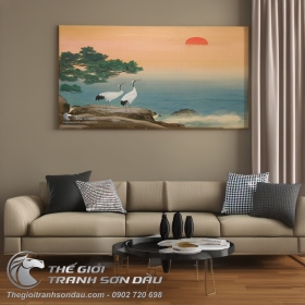 Tranh Vẽ Đôi Chim Hạc Đang Ngắm Hoàng Hôn