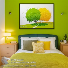 Tranh Vẽ Đồi Cỏ Xanh Có Cây Lá Xanh Vàng