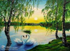 Tranh Vẽ Đôi Uyên Ương Thiên Nga Và Hoàng Hôn