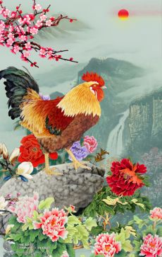 Tranh Vẽ Gà Trống Bên Hoa Mẫu Đơn