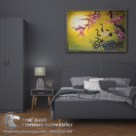 Tranh Vẽ Hai Chú Chim Hạc Đang Đậu Trên Cành Đào