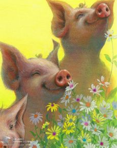 Tranh Vẽ Những Chú Heo Và Những Bông Hoa Cúc