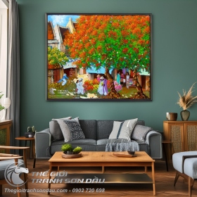 Tranh Vẽ Phố Hoa Cây Phượng Đỏ