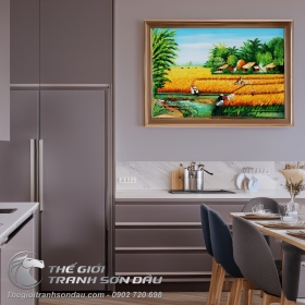 Tranh Vẽ Phong Cảnh Quê Hương Gặt Lúa