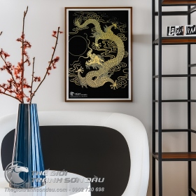 Tranh Vẽ Rồng Trắng Nhả Ngọc Nền Đen