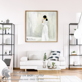 Tranh Vẽ Thiếu Nữ Áo Dài Trắng Cầm Hoa Sen