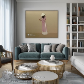 Tranh Vẽ Thiếu Nữ Mặc Áo Dài Tím Tay Cầm Bông Sen