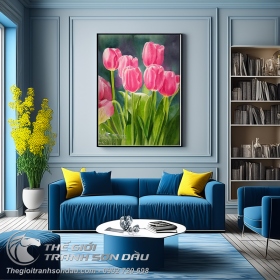 Tranh Vẽ Vườn Hoa Tulip Màu Hồng