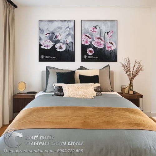 Tranh Bộ Hai Bức Vẽ Hoa Màu Hồng