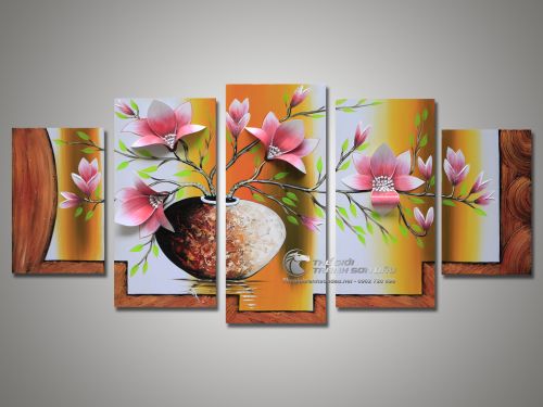 Tranh Bộ Hoa 5 Tấm Cánh Nổi 3D Nền Vàng Hoa Hồng