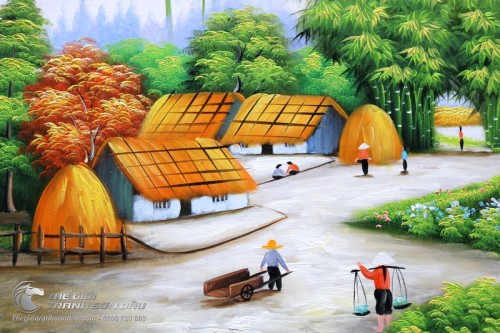 Tranh sơn dầu phong cảnh làng quê Việt Nam yên bình mã B04
