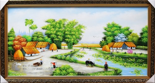 Tranh phong cảnh làng quê yên bình vẽ sơn dầu khổ lớn AmiA TSD 435