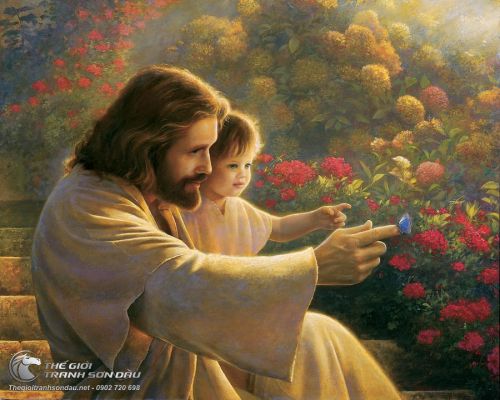 Tranh Chúa Jesu Ôm Thiếu Nhi Trong Vườn Hoa