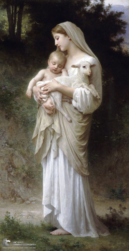 Tranh Mẹ Maria Bế Chúa Jesu và Chiên Trên Tay