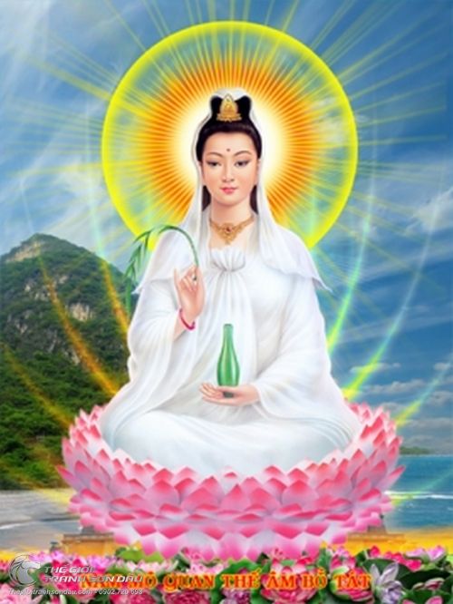 Tranh Phật Quan Âm Ngồi Bên Núi Vẽ Sơn Dầu