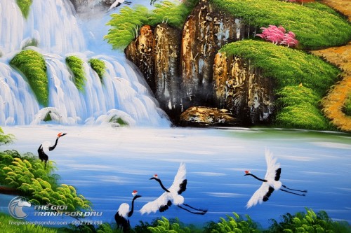 Tranh Phong Cảnh Sơn Thủy Cây Tùng và Chim Hạc