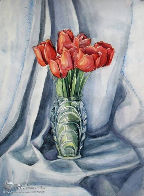 Tranh Sơn Dầu Bình Hoa Tulip Đỏ