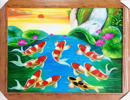 Tranh Sơn Dầu Phong Thủy Cá Chép Bơi Lên Mặt Trời