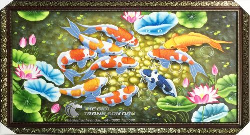 Tranh Sơn Dầu Phong Thủy Chín Con Cá Chép Và Hoa Sen